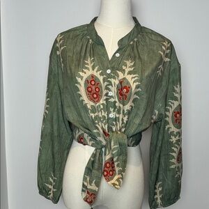 Embroidered Green Peasant Blouse - Boho Floral Top